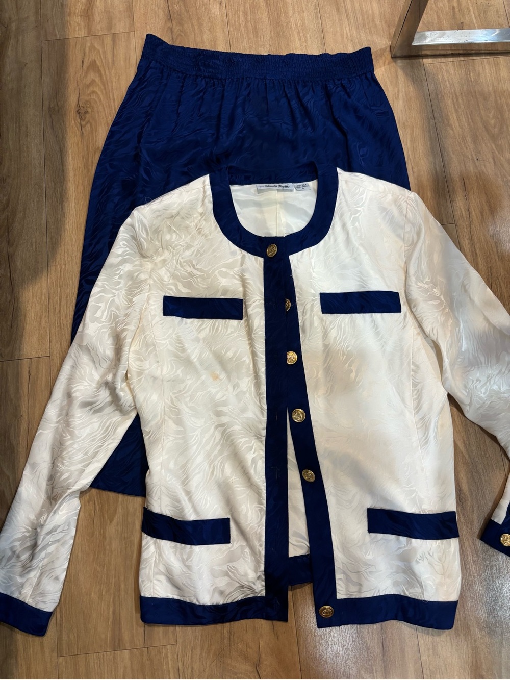 Adrianna Papell silk set with Navy Trim and Gold Buttons
